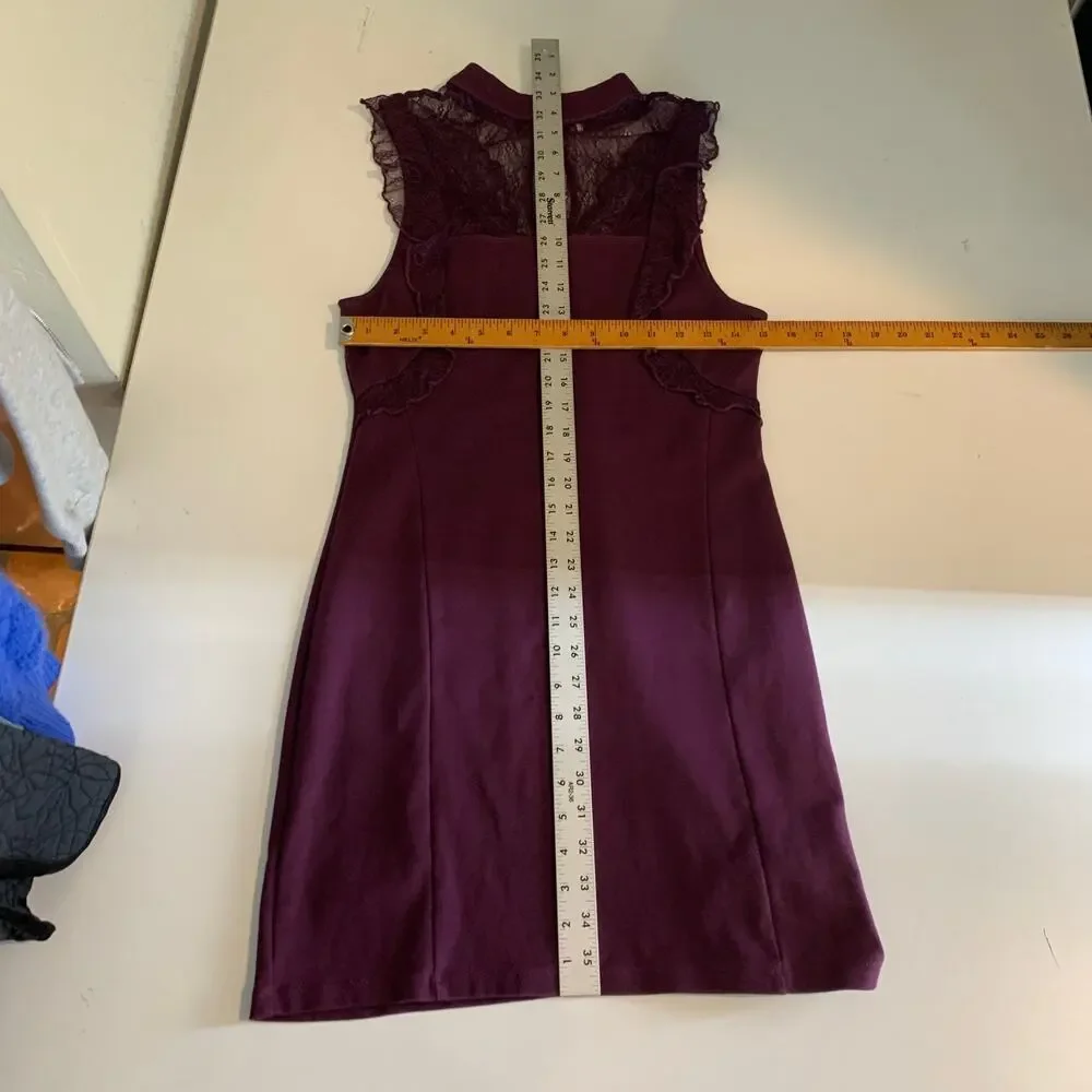 Free People Dress Women M Medium Eggplant Beaumont Muse Ruffled Lace Trim Sheath